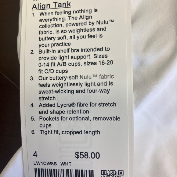 Lululemon Align Tank w/Built-In Bra sz 4 White - Picture 5 of 5